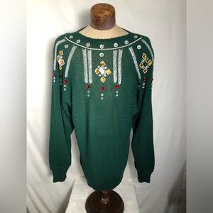 Women’s Vintage Green Embellished Holiday Sweater. Size Large.